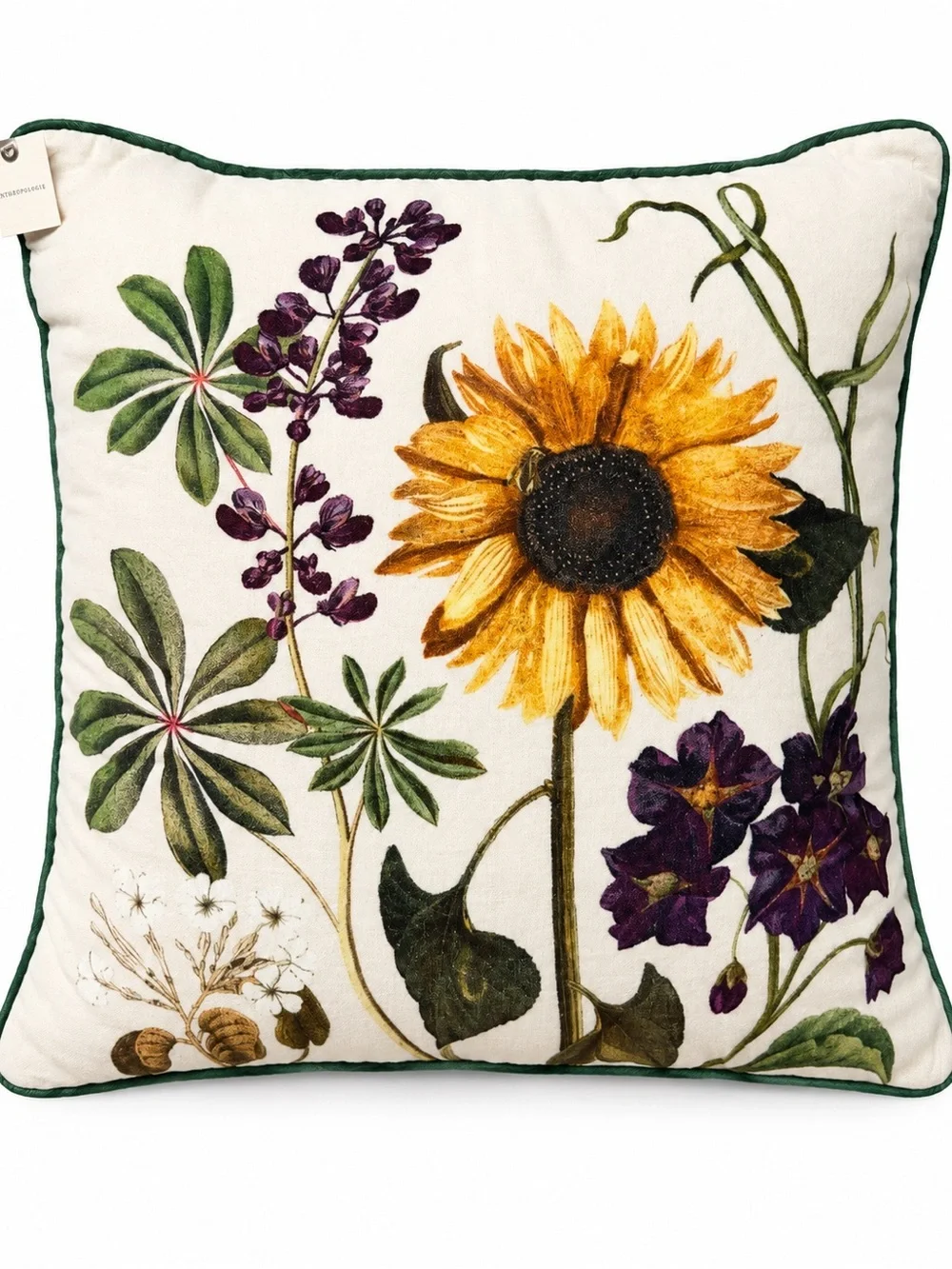 NWT Anthropologie Evie Cotton Printed Floral Sunflower Pillow 18x18 Green